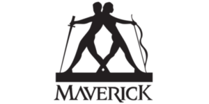 logo for Maverick of silhouettes of two people back-to-back holding a sword and bow
