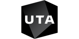 logo for United Talent Agency of a black irregular shape with letters spelling "UTA" in white
