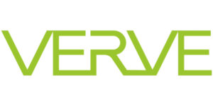 logo of stylized letters spelling "Verve" in lime green
