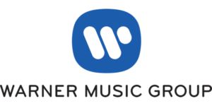 logo for Warner Music Group of three white diagonal lines of varying lengths in a blue oval